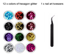 Load image into Gallery viewer, 12 Colors Nail Art Hexagon Glitters
